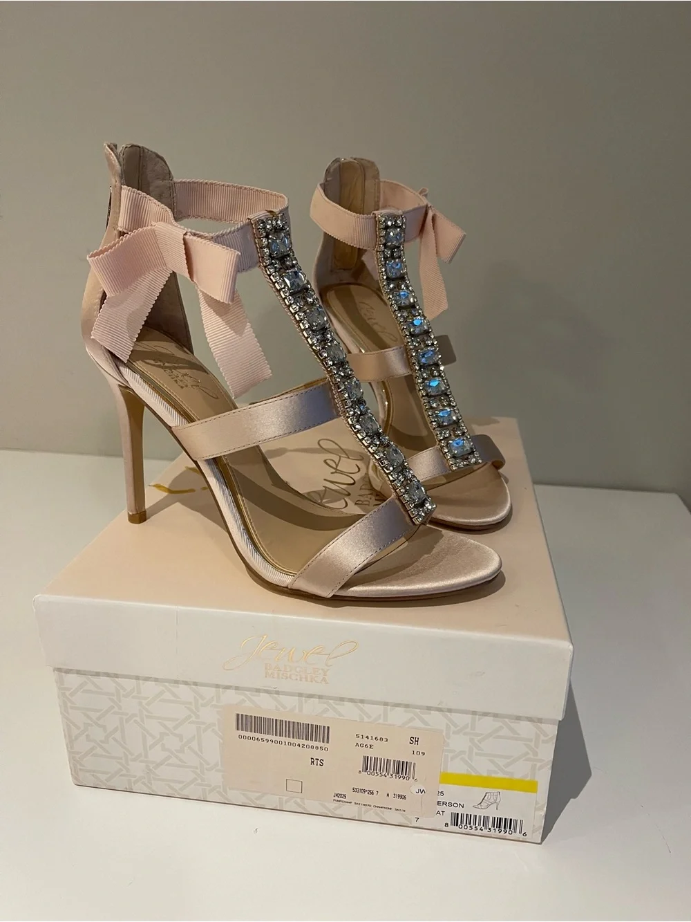 Jewel Badgley Mischka Blush Pink Satin T-Strap Heels with Rhinestone Bow